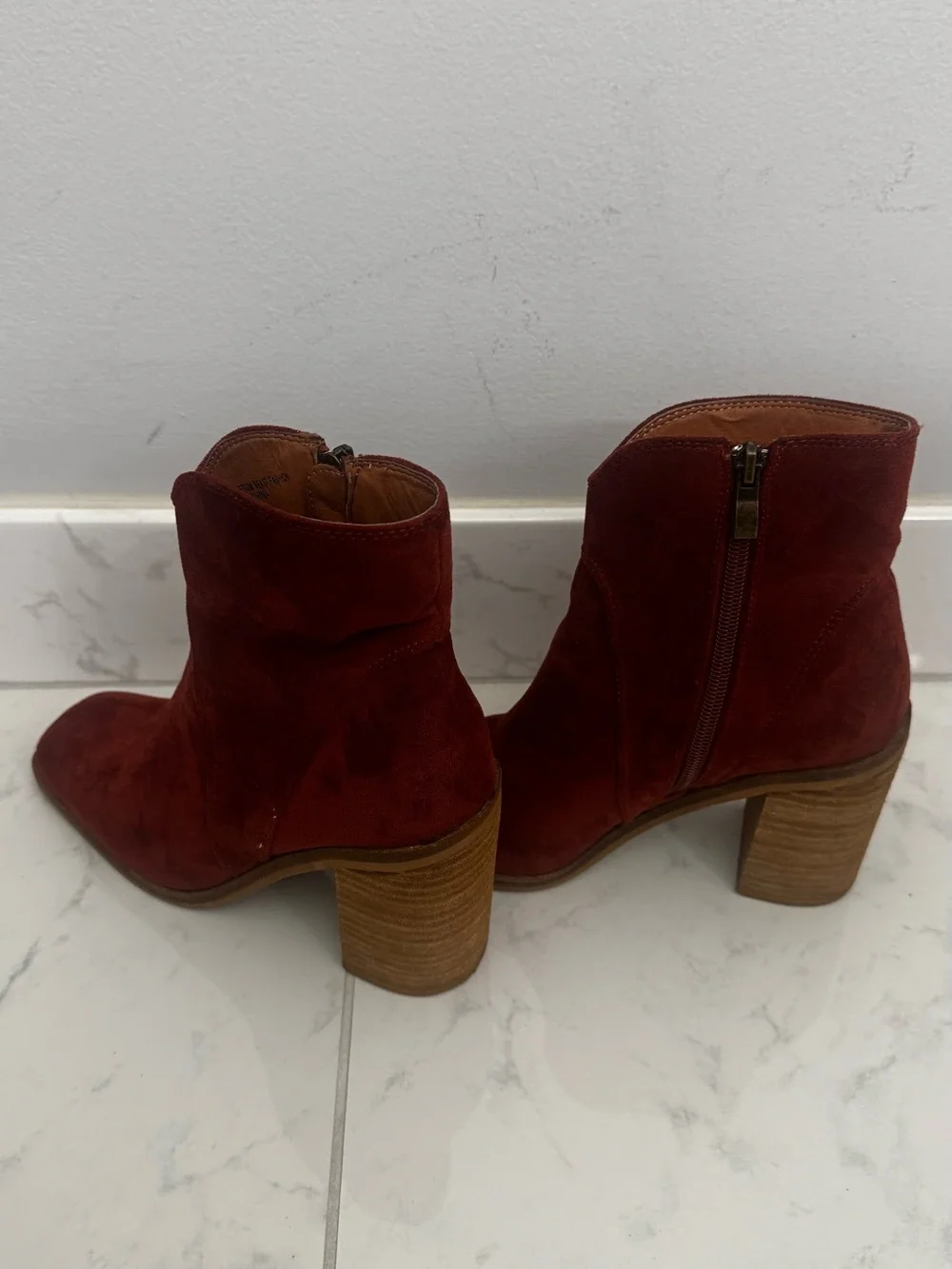 Sans Beast Burgundy Suede Ankle Booties with Stacked Heel